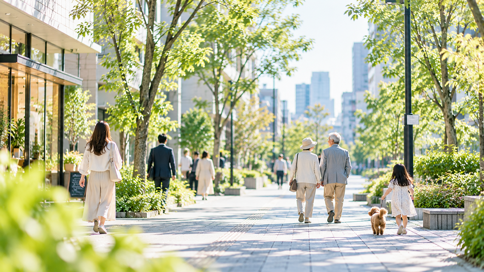 木漏れ日の都会の歩道を行き交う人々