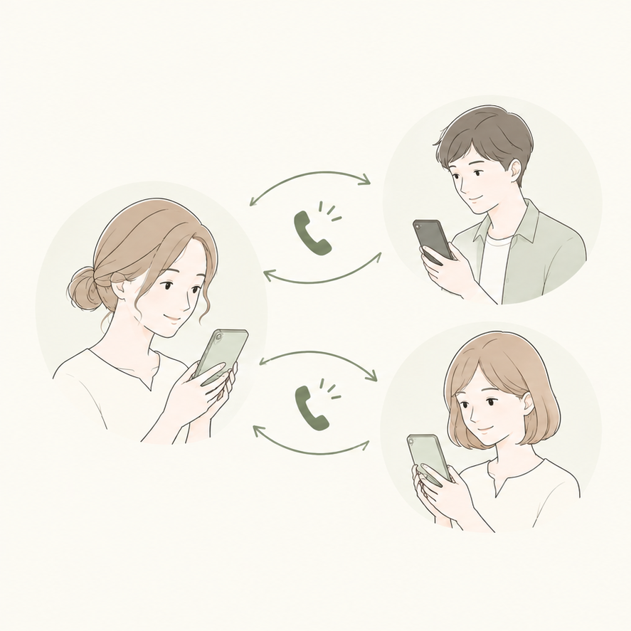 登録者と異なる2人の発見者がそれぞれ通話する線画